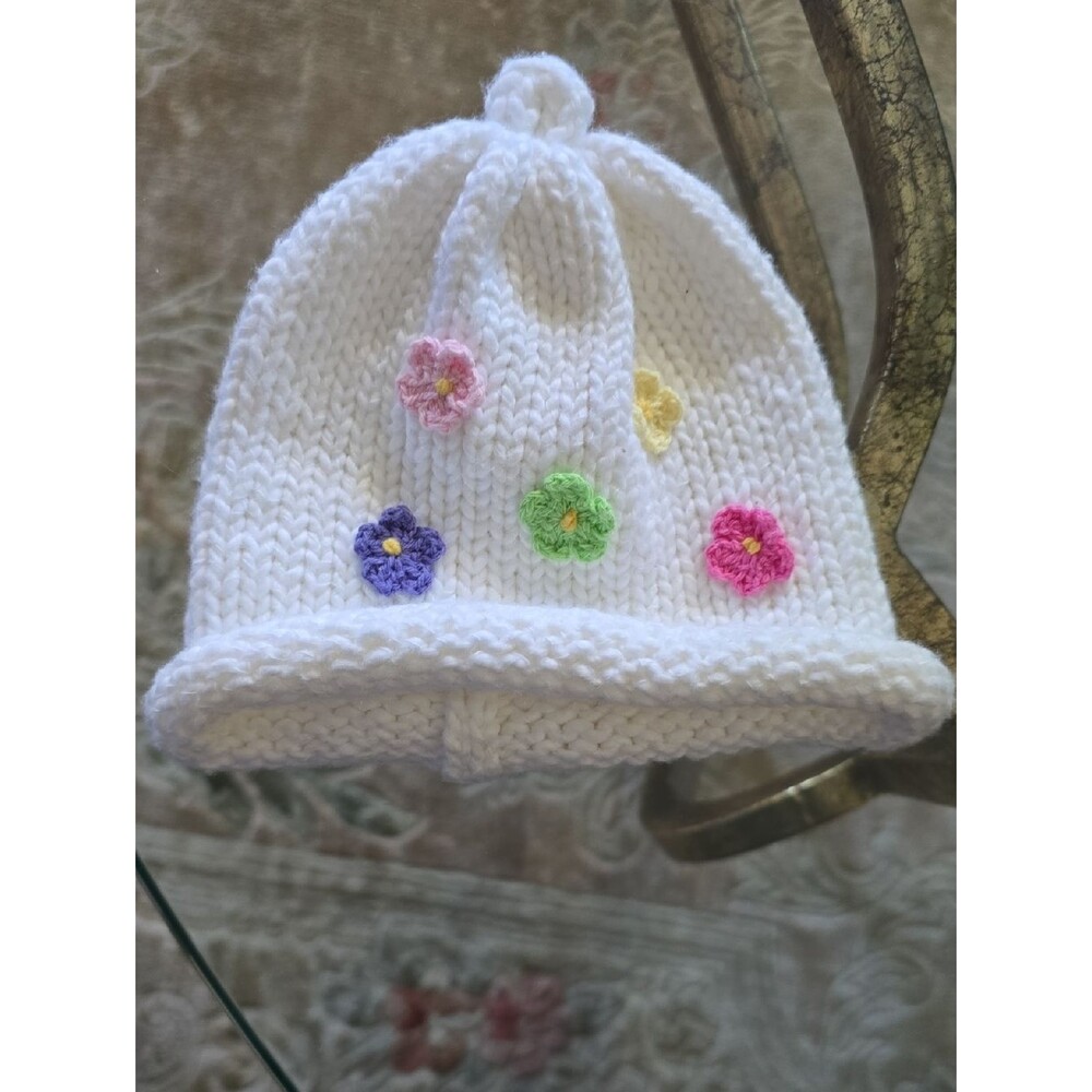 Baby Hat White Hand Knit 100% Cotton Colorful Flower Appliqués U.S.A. Size XS